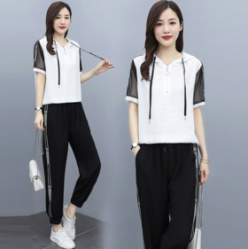 【运动服】大码纯色套装新款纯棉休闲运动套装女T恤短袖小脚裤运动服