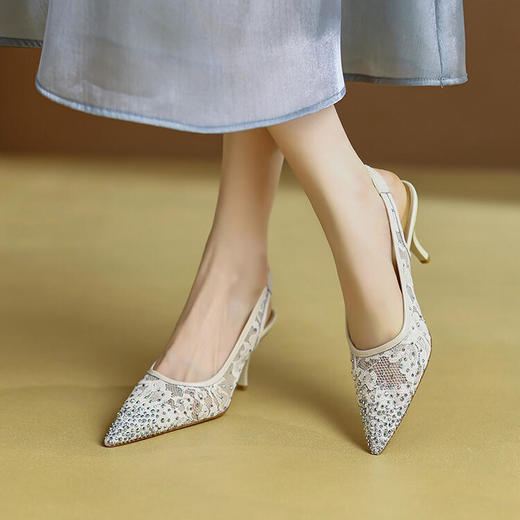 包头尖头亮片，职业杏色淑女鞋高跟凉鞋 OFSM-6537 商品图0