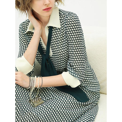 COCOBELLA波普印花长袖连衣裙女夏气质优雅飘带领迷笛长裙FR16B 商品图3