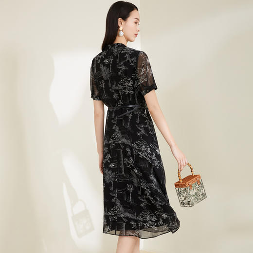 玳莎印花真丝中长款连衣裙2022春夏新款腰带修身复古桑蚕丝茶歇裙 CB35101 商品图2