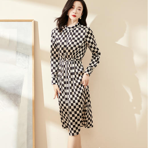 剩S/M/L 米思阳2025早秋新款时尚耐看棋盘格印花中长裙宽松舒适连衣裙0188 商品图2