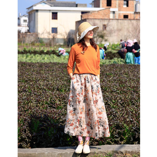 绽放/D1035朵/清新印花苎麻半身裙 商品图2