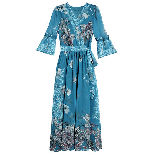 2022夏季新款气质V领荷叶边袖口收腰印花雪纺连衣裙  XYX3567 商品图4