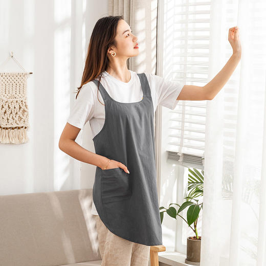 【女款圆角围裙】简约家居围裙纯色免系套头设计纯棉棉麻质感女款围裙 商品图4