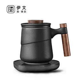  办公室茶杯个人家用陶瓷过滤水杯马杯带盖茶道杯茶水分离 （粗陶）若丘木柄过滤杯+恒温垫