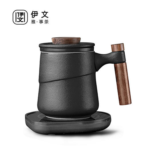  办公室茶杯个人家用陶瓷过滤水杯马杯带盖茶道杯茶水分离 （粗陶）若丘木柄过滤杯+恒温垫 商品图0