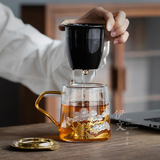  陶瓷苍松翠柏耐热玻璃茶杯男女茶水分离泡茶杯带盖过滤杯子 苍松翠柏玻璃杯H2g 商品图4