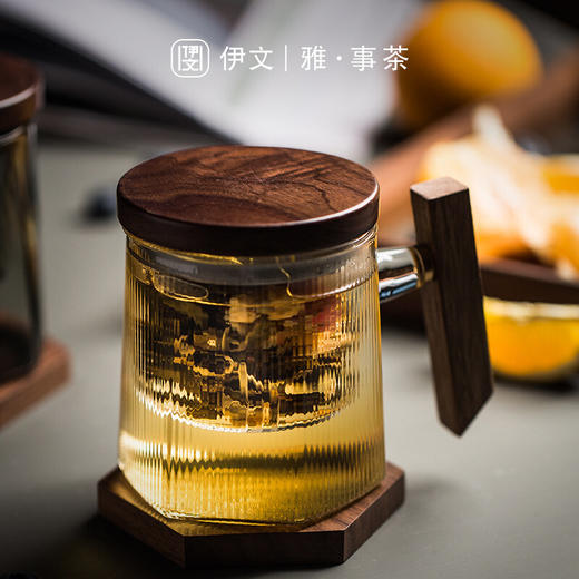  玻璃茶杯茶水分离男士办公室泡茶杯带盖简约大容量 伊-正六杯（透明）-方把白橡木-配杯垫 商品图6