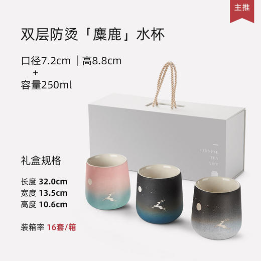  陶瓷茶杯双层隔热水杯简约马克杯不烫手啤酒杯创意果汁杯 麋鹿水杯3色礼盒装 商品图1