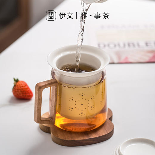  陶瓷带盖过滤玻璃泡茶杯日式简约家用茶杯个人喝水马克杯 伊-清风（透明）大肚泡茶杯-榉木 商品图5