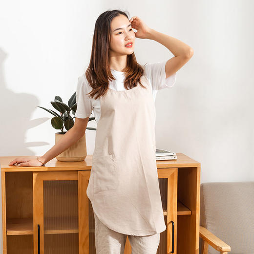 【女款圆角围裙】简约家居围裙纯色免系套头设计纯棉棉麻质感女款围裙 商品图1