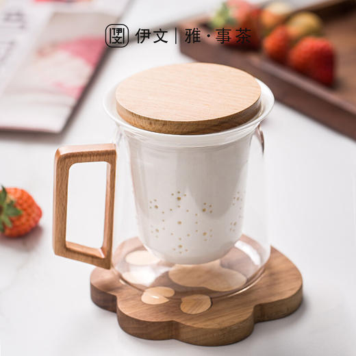  陶瓷带盖过滤玻璃泡茶杯日式简约家用茶杯个人喝水马克杯 伊-清风（透明）大肚泡茶杯-榉木 商品图2