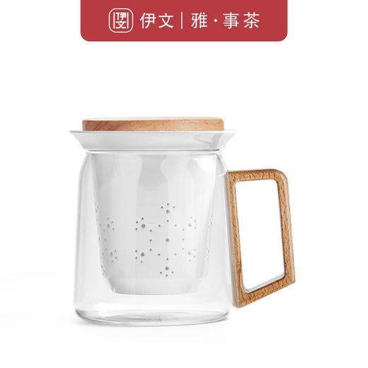  陶瓷带盖过滤玻璃泡茶杯日式简约家用茶杯个人喝水马克杯 伊-清风（透明）大肚泡茶杯-榉木 商品图3