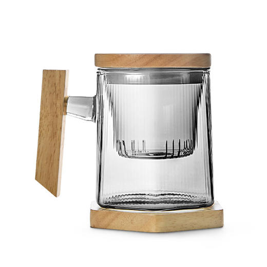  玻璃茶杯茶水分离男士办公室泡茶杯带盖简约大容量 伊-正六杯（透明）-方把白橡木-配杯垫 商品图3