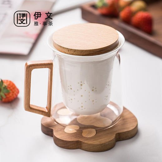  陶瓷带盖过滤玻璃泡茶杯日式简约家用茶杯个人喝水马克杯 伊-清风（透明）大肚泡茶杯-榉木 商品图0
