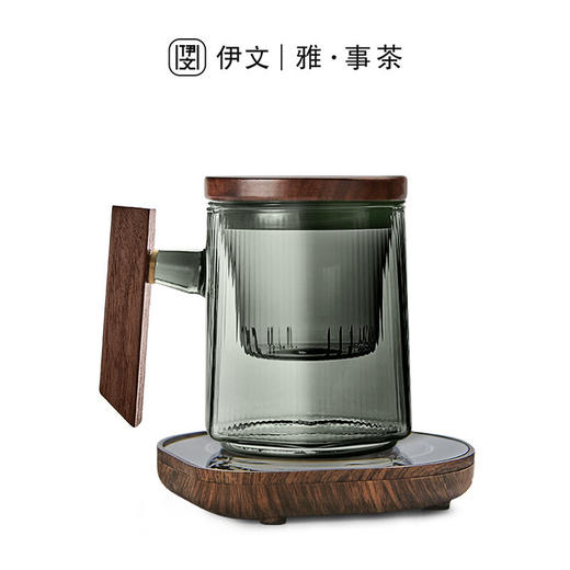 办公室玻璃茶杯带盖恒温垫组合智能加热日式茶水分离杯 伊-正六杯（宿青）-方把胡桃木+逗号恒温垫（木纹） 商品图3