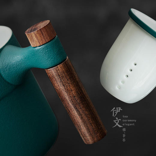  办公室茶杯个人家用陶瓷过滤水杯马杯带盖茶道杯茶水分离 （粗陶）若丘木柄过滤杯+恒温垫 商品图5