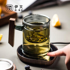  办公室玻璃茶杯带盖恒温垫组合智能加热日式茶水分离杯 伊-正六杯（宿青）-方把胡桃木+逗号恒温垫（木纹）