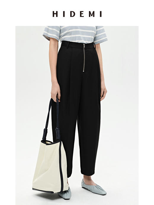 HIDEMI 简约休闲拉链设计感高腰锥形九分裤 黑色/卡其色/蓝色 商品图2