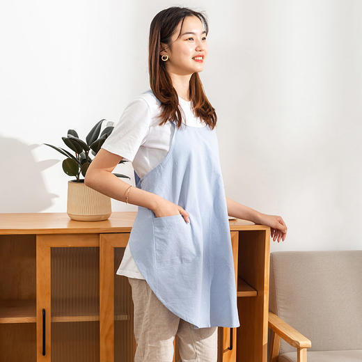 【女款圆角围裙】简约家居围裙纯色免系套头设计纯棉棉麻质感女款围裙 商品图3
