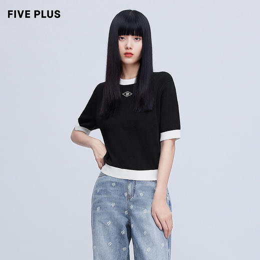 FIVE PLUS新款女夏装撞色圆领短袖针织衫女立体logo套头上衣2WN1035050 商品图0