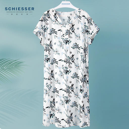 舒雅女士睡裙粘纤梭织家居服2022新款V领印花中裙31/19507D 商品图0