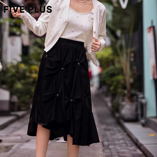 FIVE PLUS新款女春装设计感高腰半身裙女蝴蝶结褶皱中长裙子2WN1073110 商品图0