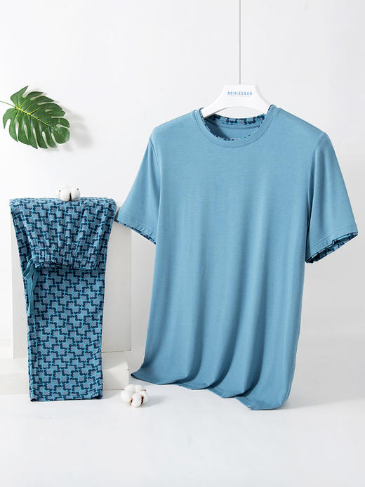 舒雅睡衣男士莫代尔家居服2022春季新款短袖长裤印花套装39/19620H 商品图2