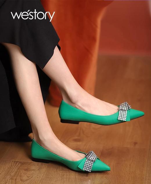 westory2022春季新款亮钻蝴蝶结平底鞋仙女甜美通勤单鞋真皮W22AE53841 商品图0