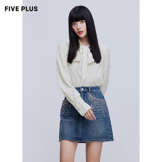 FIVE PLUS2022新款女春装肌理感气质衬衫女泡泡长袖系带宽松上衣2WN1013190 商品图3
