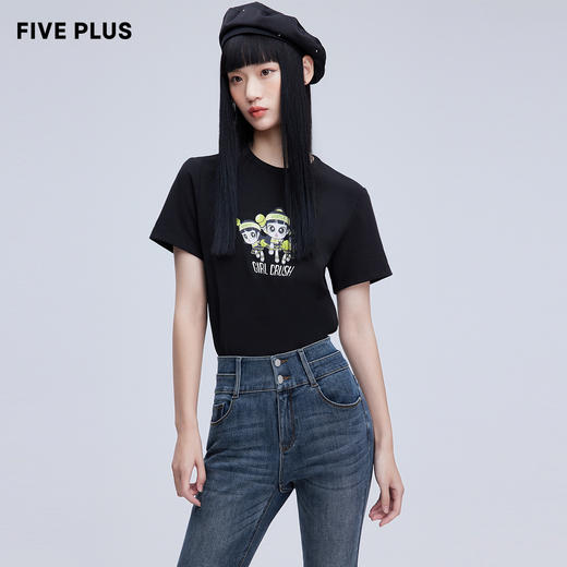 FIVE PLUS新款女春装刺绣短袖T恤女宽松设计感卡通套头衫纯棉2WN1024170 商品图1