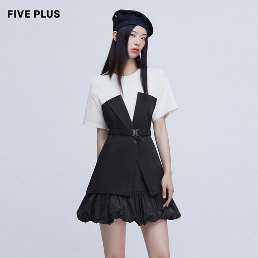 FIVE PLUS新款女夏装设计感拼接连衣裙女圆领短袖高腰蓬蓬裙2WN1080230 商品图2