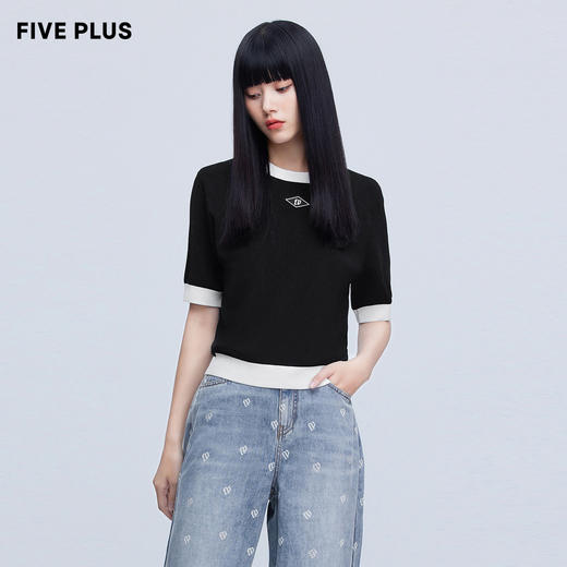 FIVE PLUS新款女夏装撞色圆领短袖针织衫女立体logo套头上衣2WN1035050 商品图2