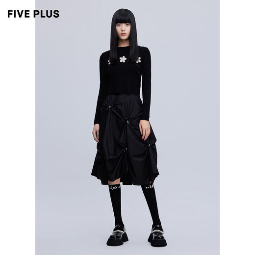 FIVE PLUS新款女春装设计感高腰半身裙女蝴蝶结褶皱中长裙子2WN1073110 商品图3