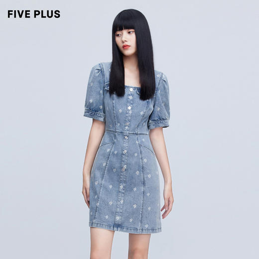 FIVE PLUS新款女夏装甜酷泡泡袖连衣裙女洗水丹宁高腰裙子短2WN1084180 商品图3