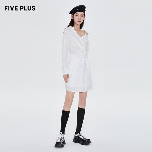 FIVE PLUS新款女夏装盐系气质露肩连衣裙女单排扣高腰衬衫裙2WN1085260 商品图4