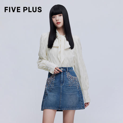 FIVE PLUS2022新款女春装肌理感气质衬衫女泡泡长袖系带宽松上衣2WN1013190 商品图0