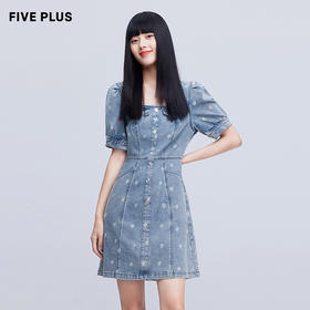 FIVE PLUS新款女夏装甜酷泡泡袖连衣裙女洗水丹宁高腰裙子短2WN1084180