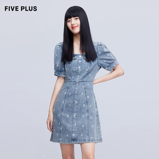FIVE PLUS新款女夏装甜酷泡泡袖连衣裙女洗水丹宁高腰裙子短2WN1084180 商品图0