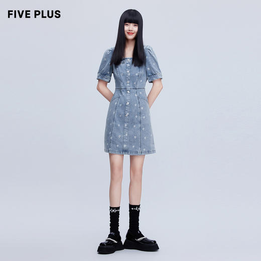 FIVE PLUS新款女夏装甜酷泡泡袖连衣裙女洗水丹宁高腰裙子短2WN1084180 商品图4