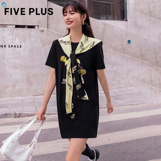 FIVE PLUS新款女春装刺绣短袖连衣裙女直筒宽松T恤裙毛织披肩2WN1084550 商品图0