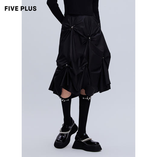 FIVE PLUS新款女春装设计感高腰半身裙女蝴蝶结褶皱中长裙子2WN1073110 商品图1