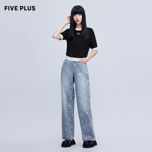 FIVE PLUS新款女夏装撞色圆领短袖针织衫女立体logo套头上衣2WN1035050 商品图4