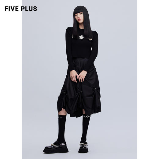 FIVE PLUS新款女春装设计感高腰半身裙女蝴蝶结褶皱中长裙子2WN1073110 商品图4