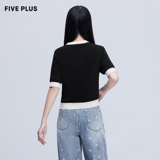 FIVE PLUS新款女夏装撞色圆领短袖针织衫女立体logo套头上衣2WN1035050 商品图3