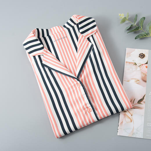 舒雅女士睡裙 粘纤梭织2022春夏新款家居服条纹开衫中裙31/19493D 商品图1