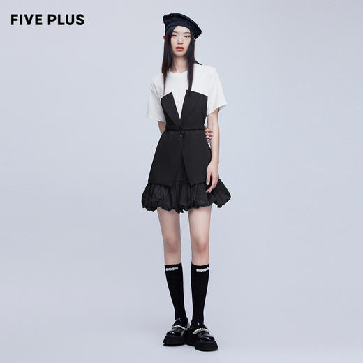FIVE PLUS新款女夏装设计感拼接连衣裙女圆领短袖高腰蓬蓬裙2WN1080230 商品图4