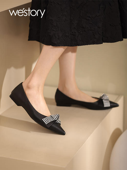 westory2022春季新款亮钻蝴蝶结平底鞋仙女甜美通勤单鞋真皮W22AE53841 商品图1