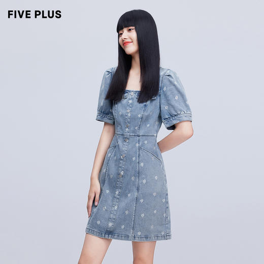 FIVE PLUS新款女夏装甜酷泡泡袖连衣裙女洗水丹宁高腰裙子短2WN1084180 商品图2