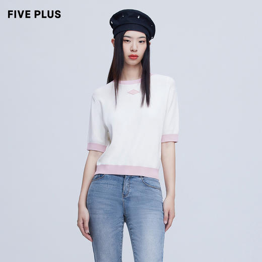FIVE PLUS新款女夏装撞色圆领短袖针织衫女立体logo套头上衣2WN1035050 商品图1